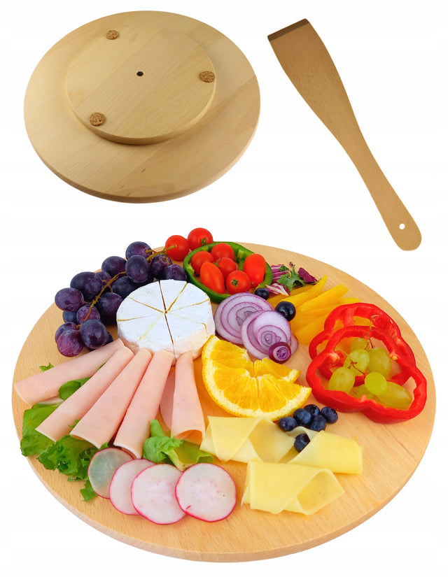Deska obrotowa 40 cm do serwowania przekąsek pizzy serów patera + drewniana okrągła taca na wędliny i owoce