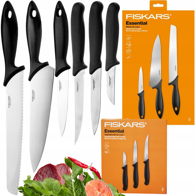 Fiskars zestaw komplet noży 6x NÓŻ kuchenny szefa kuchni chleba essential akcesoria do krojenia, w pudełku