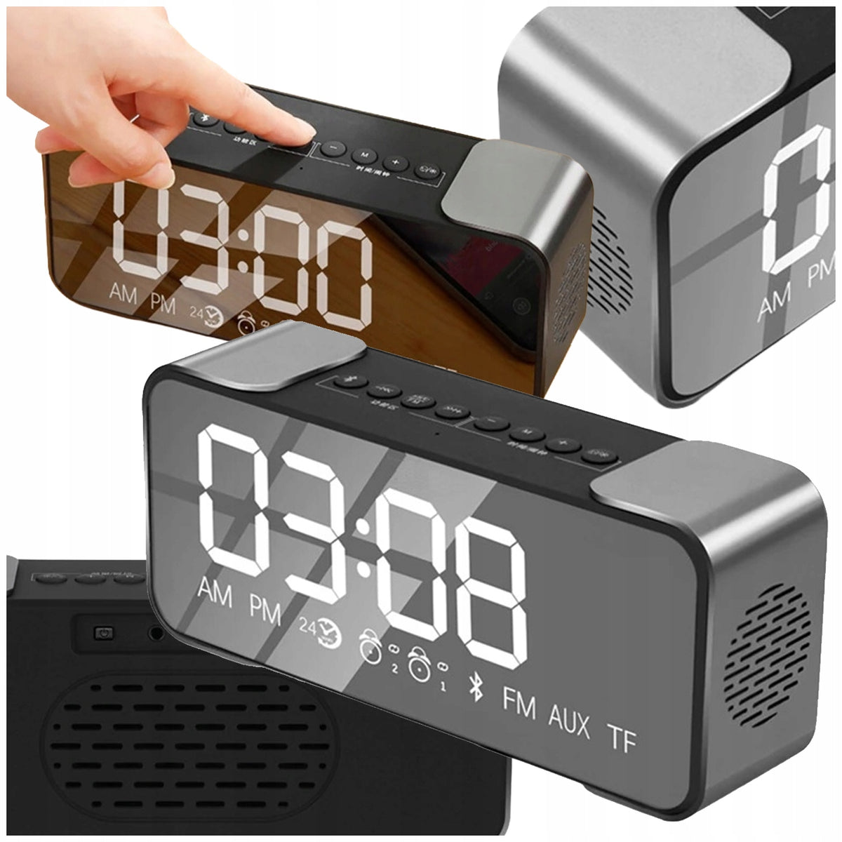 Nowoczesny radiobudzik bluetooth głośnik LED stylowy biurkowy alarm FM zegar cyfrowy do sypialni na szafkę nocną czarny