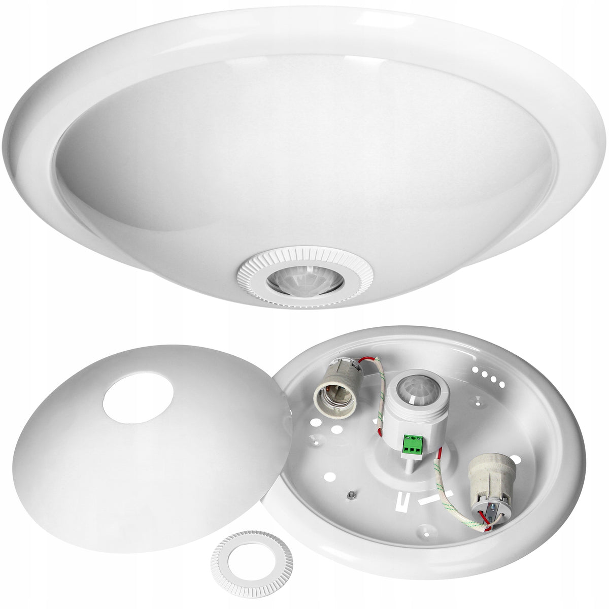 Lampa Sufitowa Plafon Czujnik Ruchu Zmierzchu 2x E27 okrągła oprawa biała do korytarza, bez żarówek, maks. 12 w na