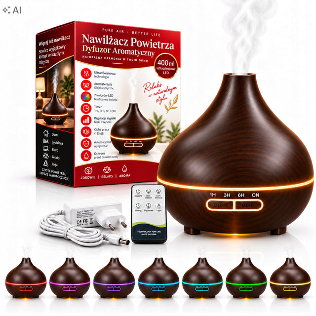 Nawilżacz Powietrza Dyfuzor Aromatyczny 400 ml Ultradźwiękowy LED Drewno aromatyzer 8 w brązowy