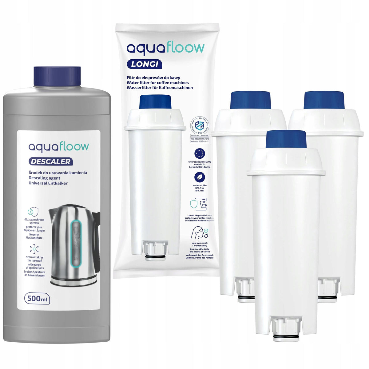 Odkamieniacz do ekspresu 0,5l + 3x filtr do ekspresu Delonghi zamiennik wkład filtrujący, wkład wodny, oczyszczanie