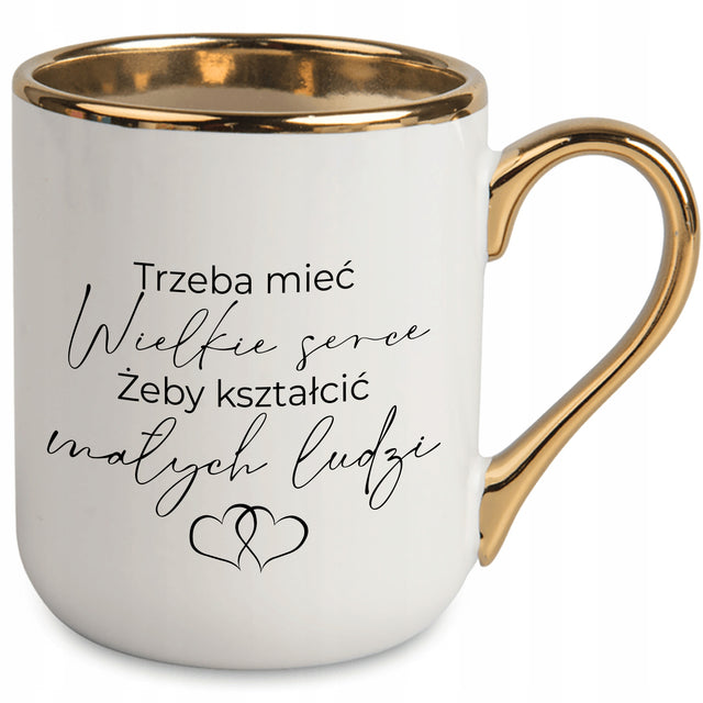 Kubek biały Prezent Dla Nauczyciela Trzeba mieć wielkie serce MIX wzory ceramiczny 330 ml, opakowanie upominkowe