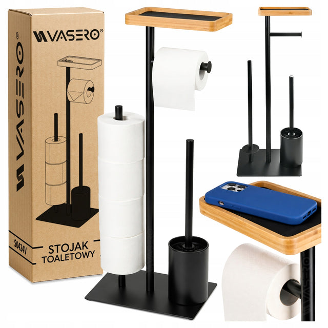 Metalowy Stojak Na Papier Toaletowy + Uchwyt Na Szczotka Półka Bambusowa wolnostojący organizer łazienkowy, brązowo-czarny