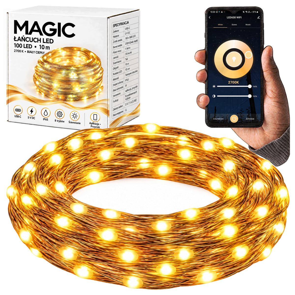 Taśma LED Lampki Łańcuch 2700K 10m usb-c IP65 wodoodporne aplikacja girlanda świetlna dekoracyjna do wnętrz, ciepła