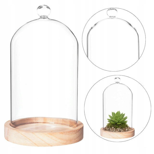 Kopuła szklana dekoracyjna klosz szklany przykrywka podstawka boho kwiaty do kompozycji florystycznych, suszonych roślin, drewniana baza 19 cm