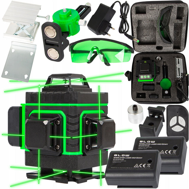 Poziomica laserowa 360 płaszczyznowa 4D laser krzyżowy zestaw PRO 16 lini niwelator zielony do prac remontowych i wykończeniowych, montażu płytek