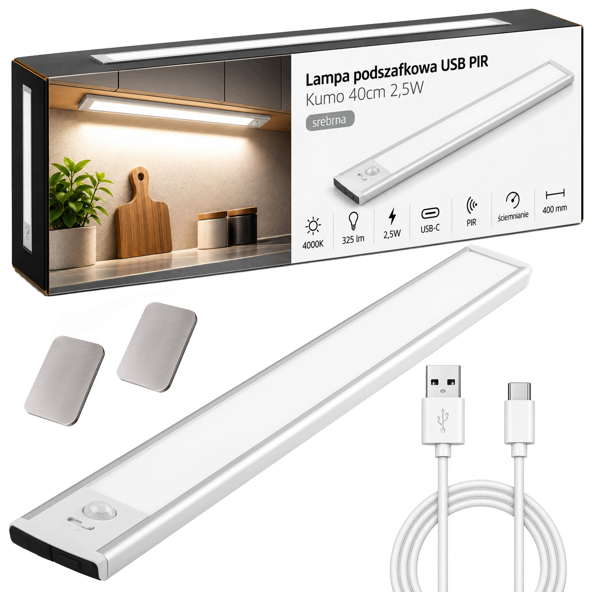 Lampka nocna LED 40cm z czujnikiem ruchu lampa podszafkowa do mebli srebrna światło do szafy, zasilanie USB