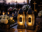 2x Duży znicz szklany kapliczka spoczywaj złoty 29cm zestaw lampion na grób ozdoba cmentarna, lampka pamięci, dekoracja