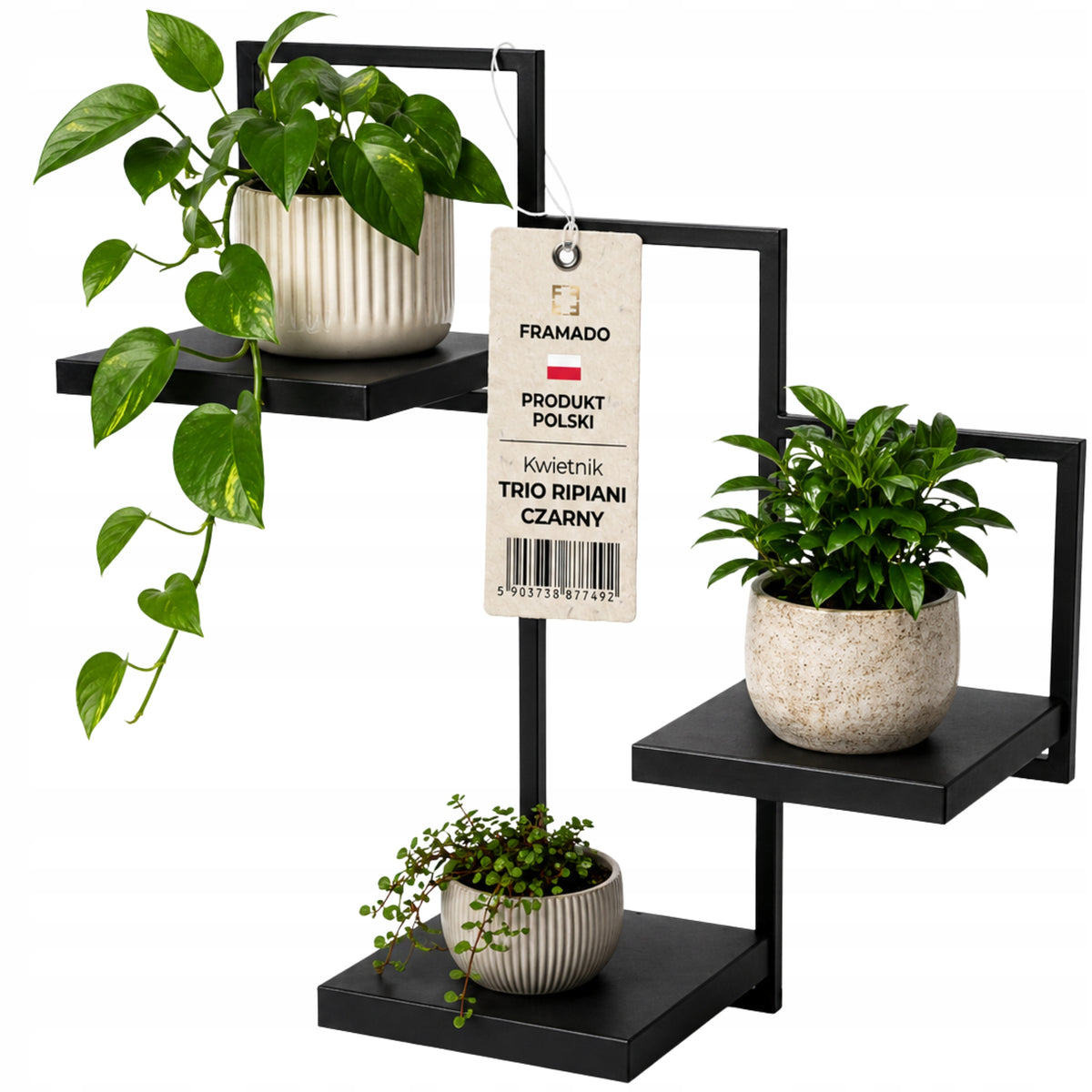 Kwietnik loft metalowy wiszący 3PÓŁKI produkt polski premium spawany czarny stojak na doniczki, do kwiatów, na 3