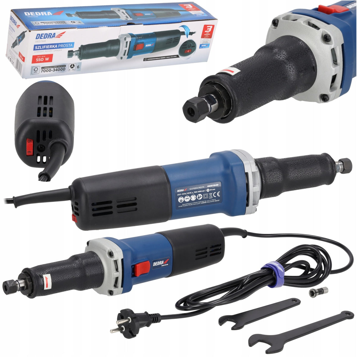 Szlifierka prosta trzpieniowa 6mm Precyzyjna 7000-34000obr 550W 230V dedra do polerowania i obróbki detali, narzędzie
