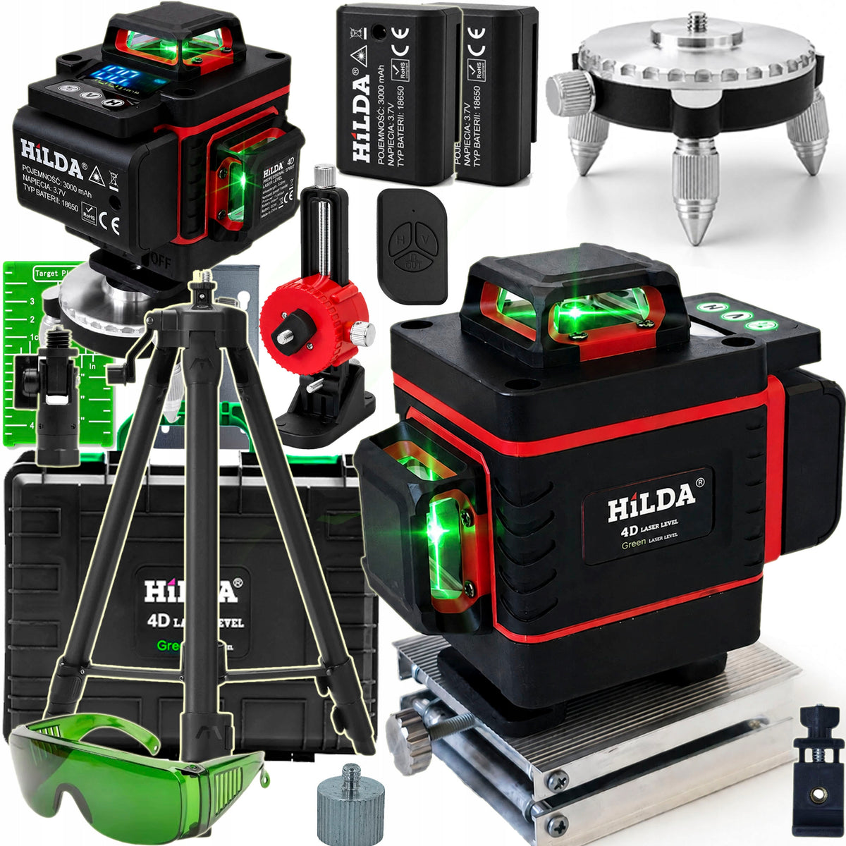Poziomica laserowa 360 płaszczyznowa hilda 4D MAX laser krzyżowy statyw 1,6 zielony niwelator budowlany 16 linii IP65