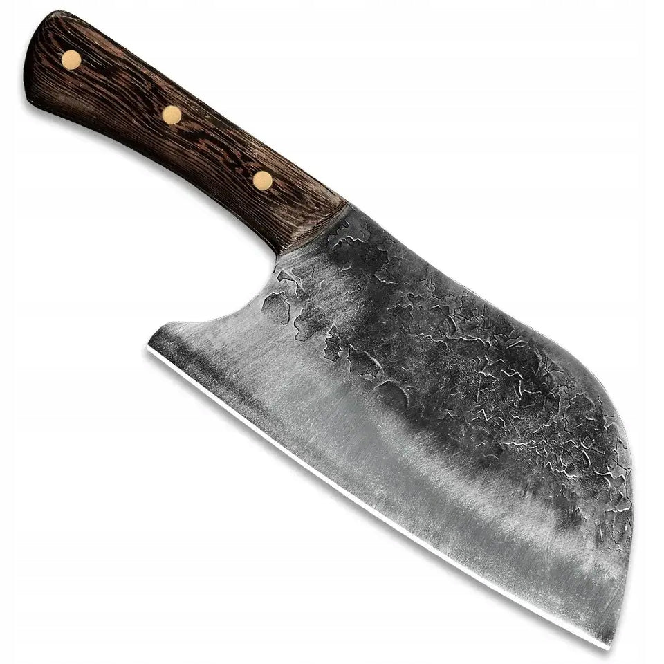 NÓŻ TASAK KUCHENNY DO MIĘSA OSTRY SOLIDNY RĘCZNY KUTY CHEF siekacz, stalowe ostrze 19,8 cm, drewniany uchwyt