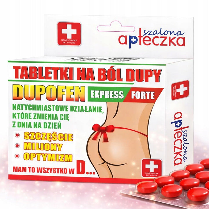 Śmieszne tabletki na ból dupy Dupofen Express Forte drażetki na ból dupy zabawny gadżet z nadrukiem, upominek