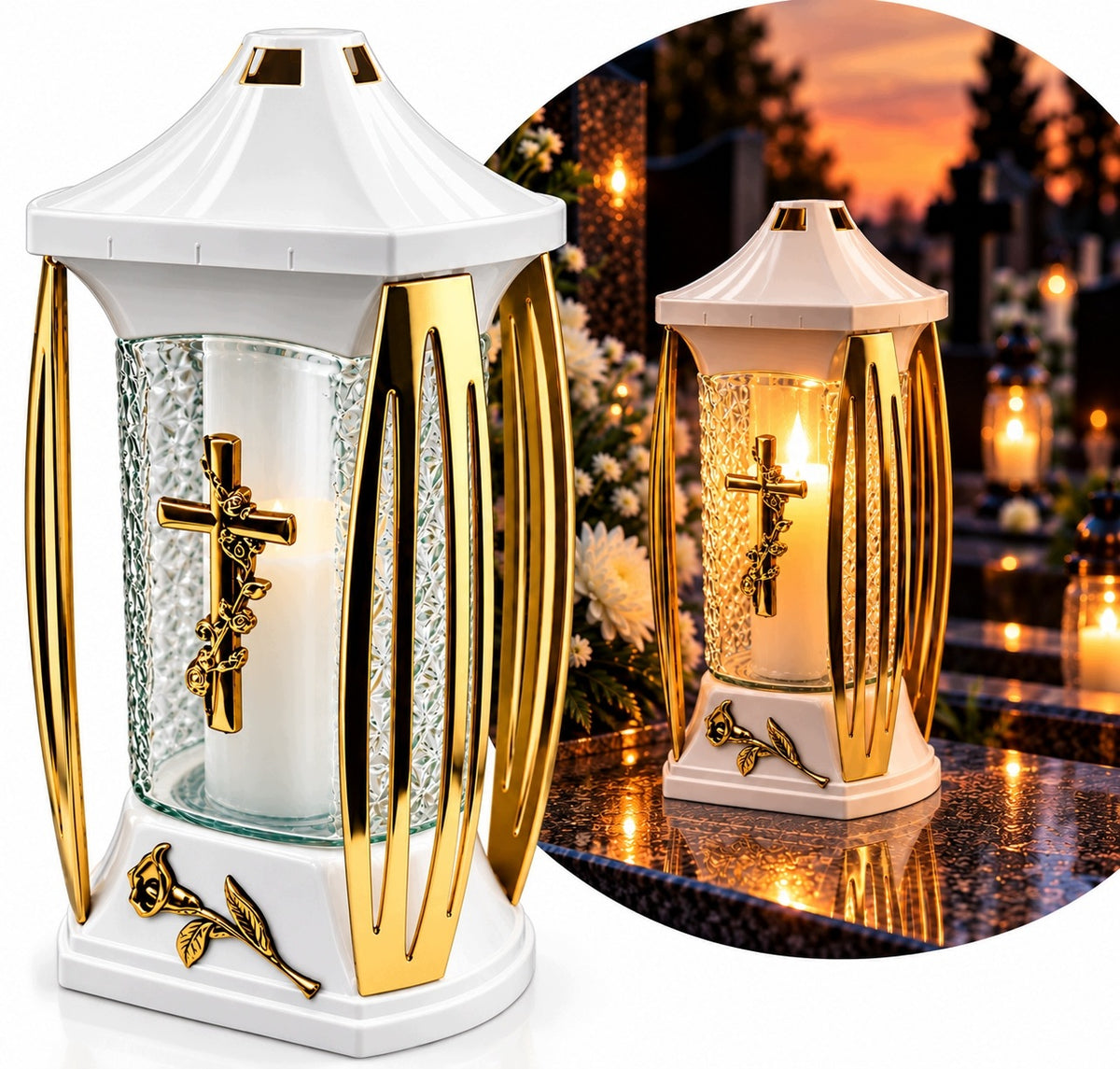 Znicz Szkalny Zn-184 Biały Domek Złote Boki 29 CM lampion nagrobny, na cmentarz, parafinowy, do 40 godzin palenia