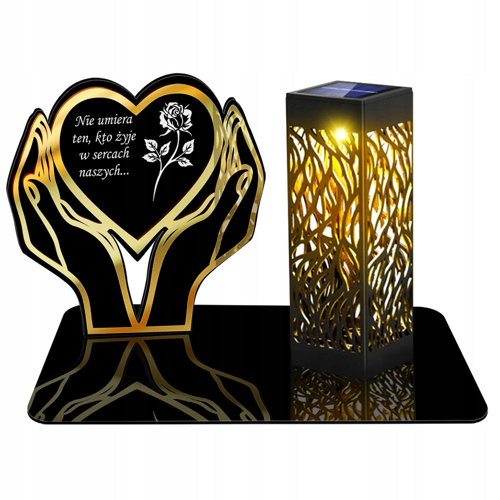 Solarny znicz LED ażurowy podstawka statuetka na cmentarz grób duża serce lampion nagrobny, dekoracja pomnika, ozdoba