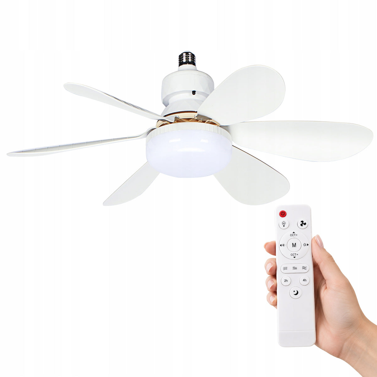 Lampa LED z Wentylatorem 15W 2w1 Żarówka z Wiatrakiem E27 Pilot Biała plafon sufitowy 52 cm do pokoju, oświetlenie z
