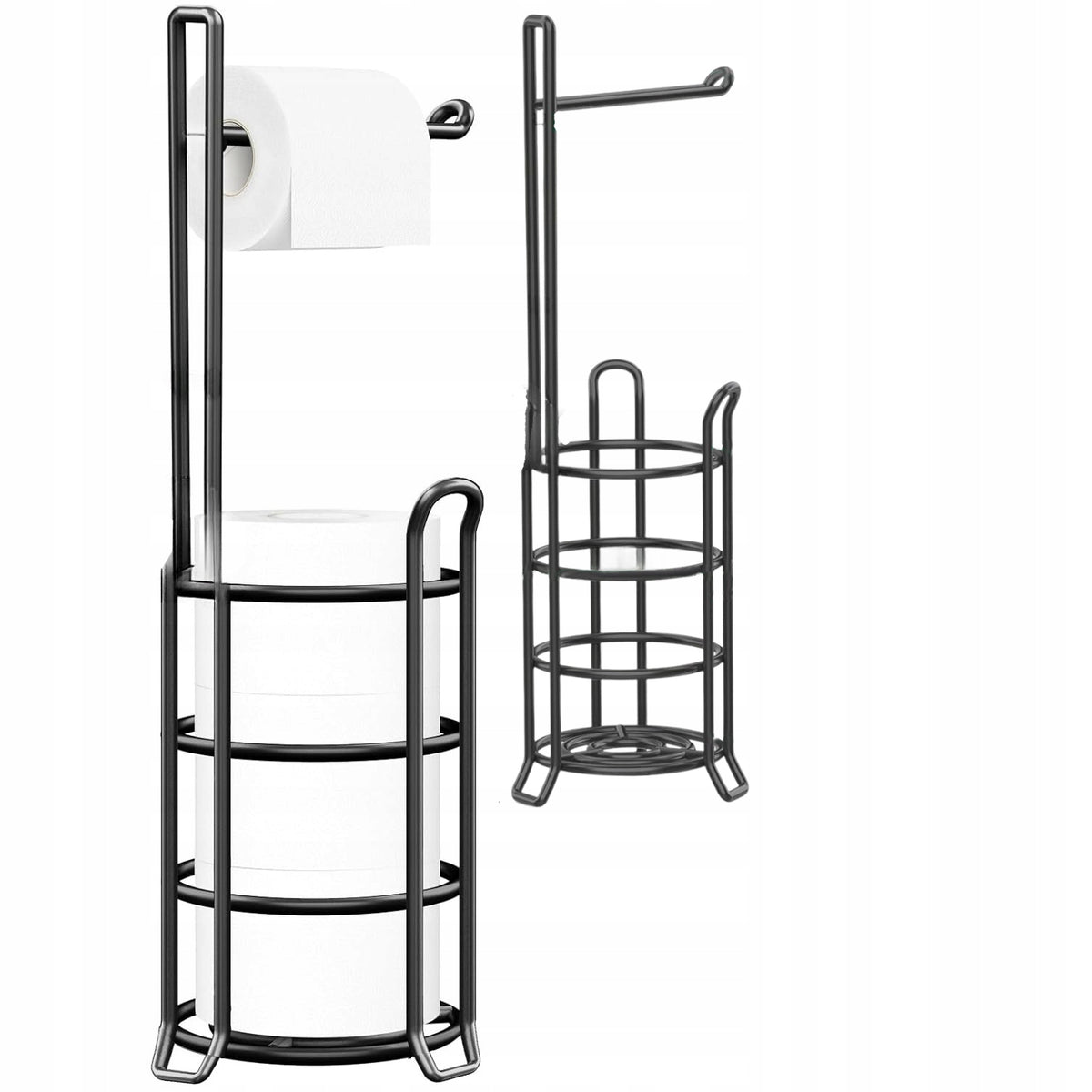 Stojak na papier toaletowy 56 cm czarny uchwyt metalowy nowoczesny zapasowy wolnostojący do łazienki, organizer na