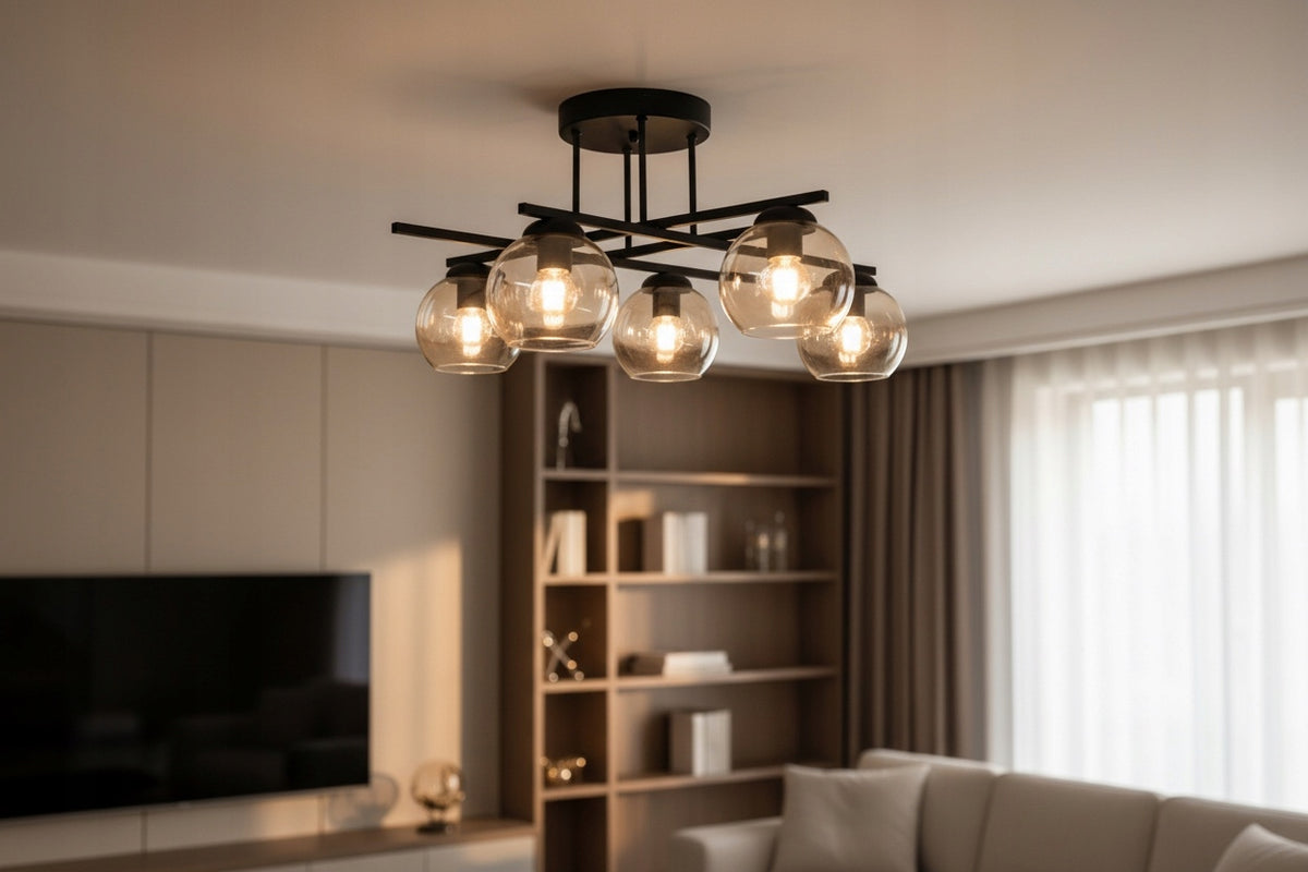 Lampa Sufitowa Nexus 5 czarny miodowy klosz 5x60W producent oprawa natynkowa E27 bez żarówek szerokość 71 cm