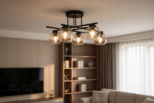 Lampa Sufitowa Nexus 5 czarny miodowy klosz 5x60W producent oprawa natynkowa E27 bez żarówek szerokość 71 cm