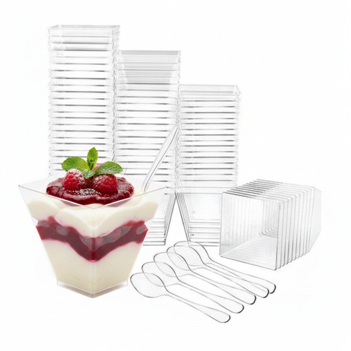 Pojemnik piramida pucharki desery lody przekąski fingerfood 150ml +łyżeczki kubeczki plastikowe przezroczyste na