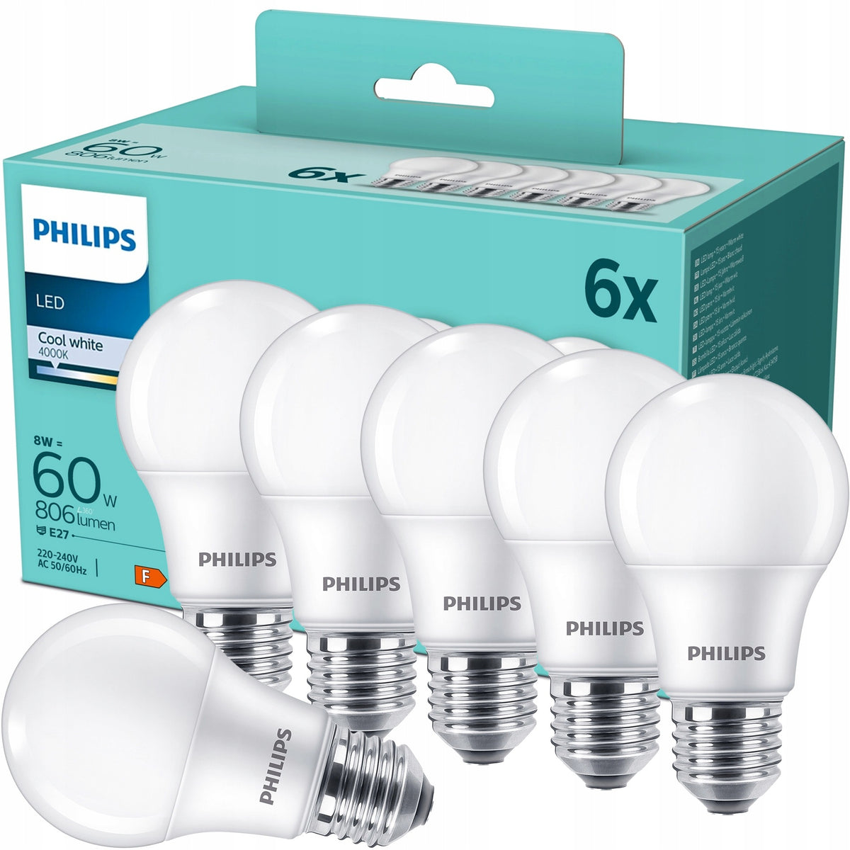 Żarówka LED E27 philips A60 8W = 60W 806lm 4000K neutralna premium 6 szt. kulisty kształt, klasyczna forma, do lamp
