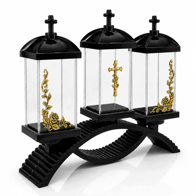 Duży Znicz Premium Potrójny Czarny Złoty 39cm Krzyż Róże Na Grób Efekt 3D lampion nagrobny LED, dekoracja cmentarna, oświetlenie miejsca pochówku