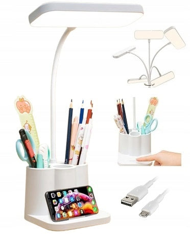 Lampka biurkowa szkolna biurowa LED USB organizer biała dotykowa 3tryby ściemniana akumulatorowa zasilana z sieci 6 w do czytania