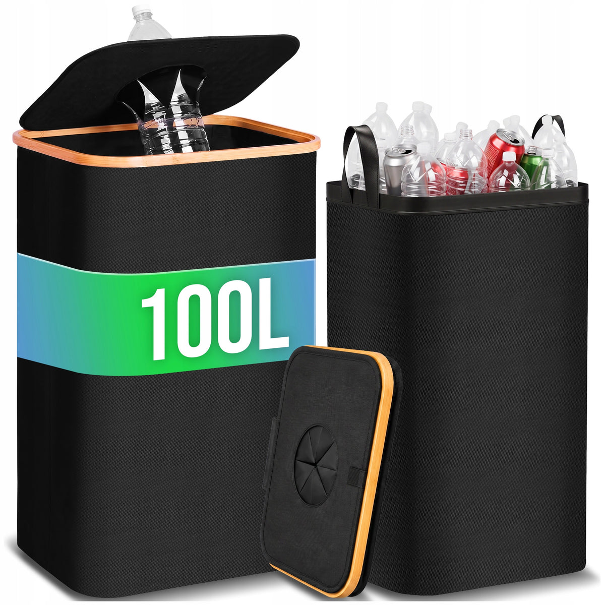 Kosz na butelki kaucyjne Zwrotne Pojemnik Składany 100l Torba z Uchwytami do segregacji plastiku i aluminium, czarny