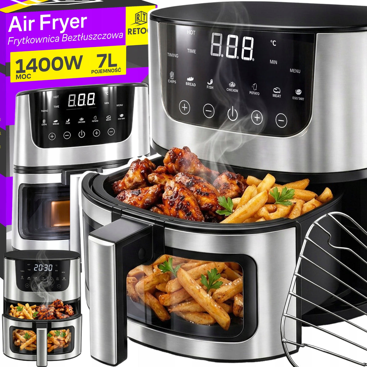 Frytkownica beztłuszczowa AIR fryer 7l piekarnik 1500W 7 trybów airfryer srebrny