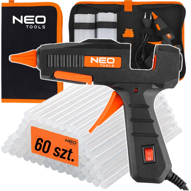 Pistolet do kleju na gorąco 100 w, 60 wkładów klejowych 7 MM etui NEO tools klejarka elektryczna, rękodzieło, naprawy, temperatura 200°C
