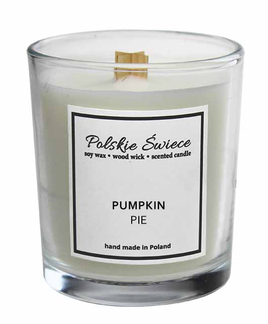 Świeca sojowa z drewnianym knotem + pumpkin PIE aromatyczna dekoracja do domu, czas palenia do 50 h, 1 sztuka