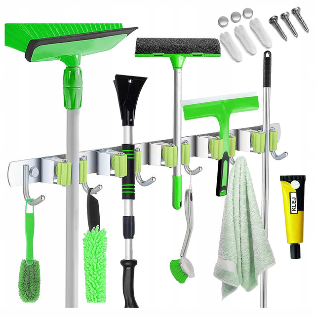 Wieszak uchwyt na narzędzia ogrodowe miotły MOP grabie szczotki ścienny metalowy organizer, 6 miejsc, udźwig do 8 kg