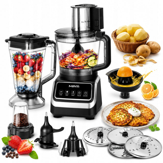 Wielofunkcyjny robot kuchenny mikser MPM MRK-27 2000W 12W1 tarka ziemniaków nominalna czarny