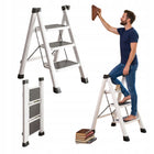 Drabinka drabina 3 stopniowa składana schodki taboret domowa kuchnia biała stalowa, udźwig 150 kg, podest 62 cm, do