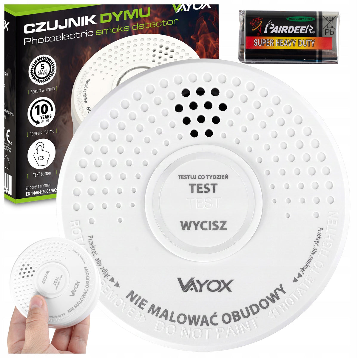 Czujnik dymu detektor alarm 85db wykrywacz 10LAT żywtoności bateria vayox bezprzewodowy przeciwpożarowy do domu i