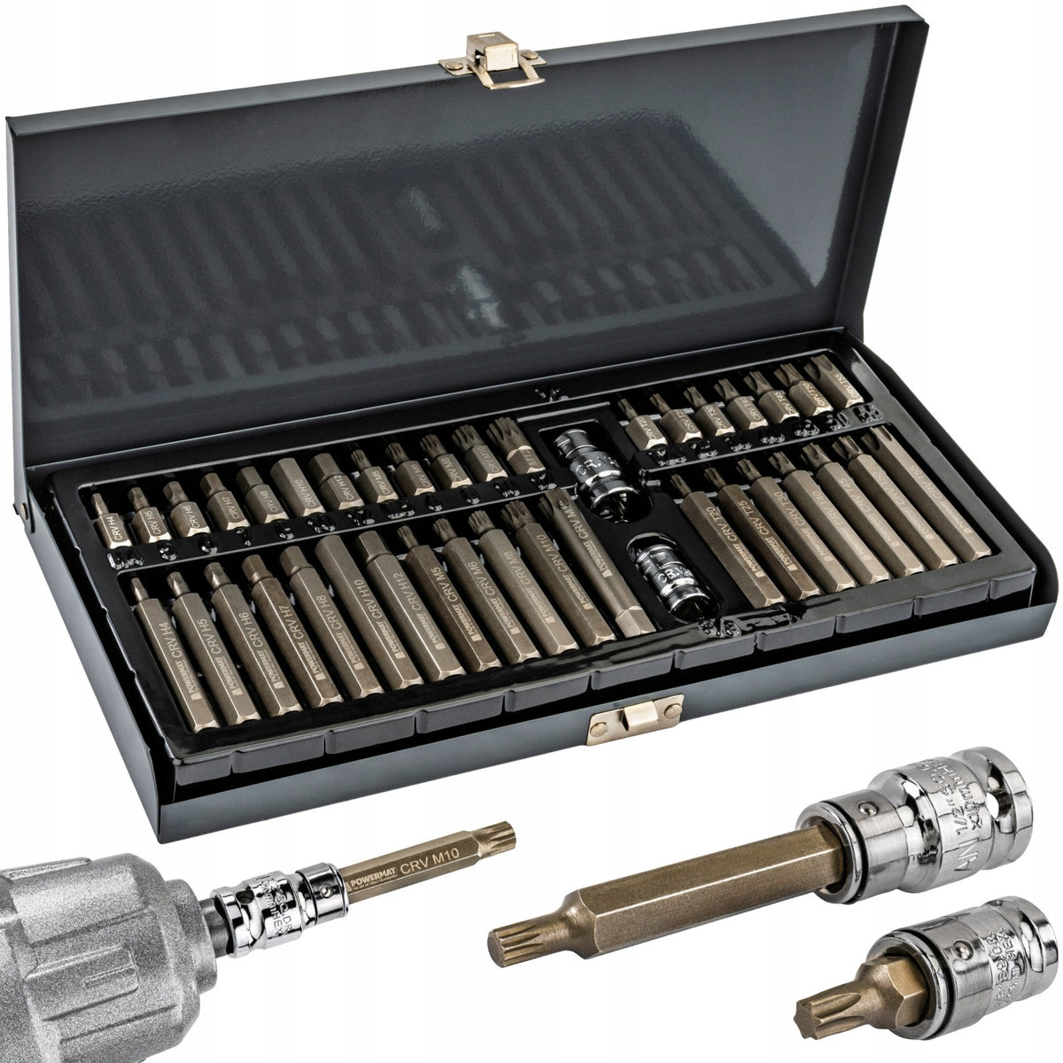 Zestaw bitów udarowych Powermat 40 elementów HEX TORX SPLINE 30/75 mm końcówki wkrętakowe, mocowanie 1/2 i 3/8 cala