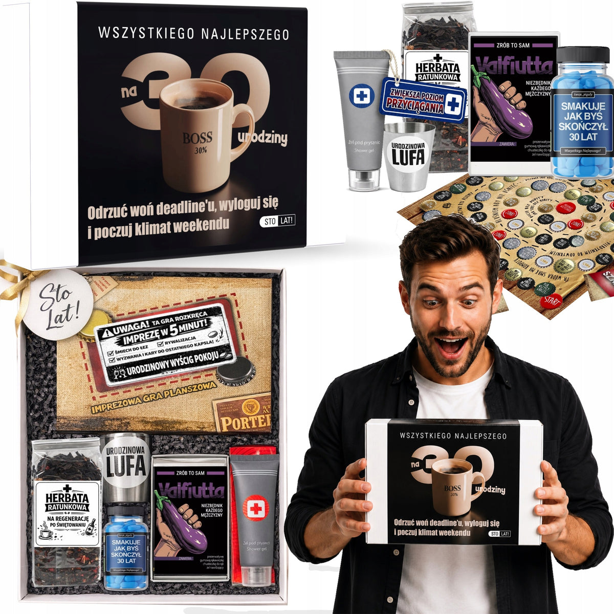 Prezent na 30 urodziny BOX prezentowy niezbędnik + zestaw dla faceta gadżety imprezowe, dekoracje, dyplom, gra