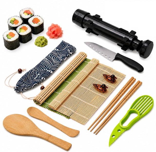 Zestaw maszynka do robienia sushi bazooka 2 maty bambusowe NÓŻ akcesoria do zwijania maki, wałek do ryżu i nori, kuchnia japońska