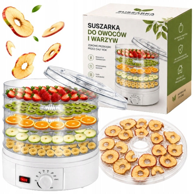 Suszarka do grzybów owoców spożywcza do żywności 5 poziomów + termoobieg odwadniacz ziół i warzyw, regulacja temperatury, 600 w, sita BPA free