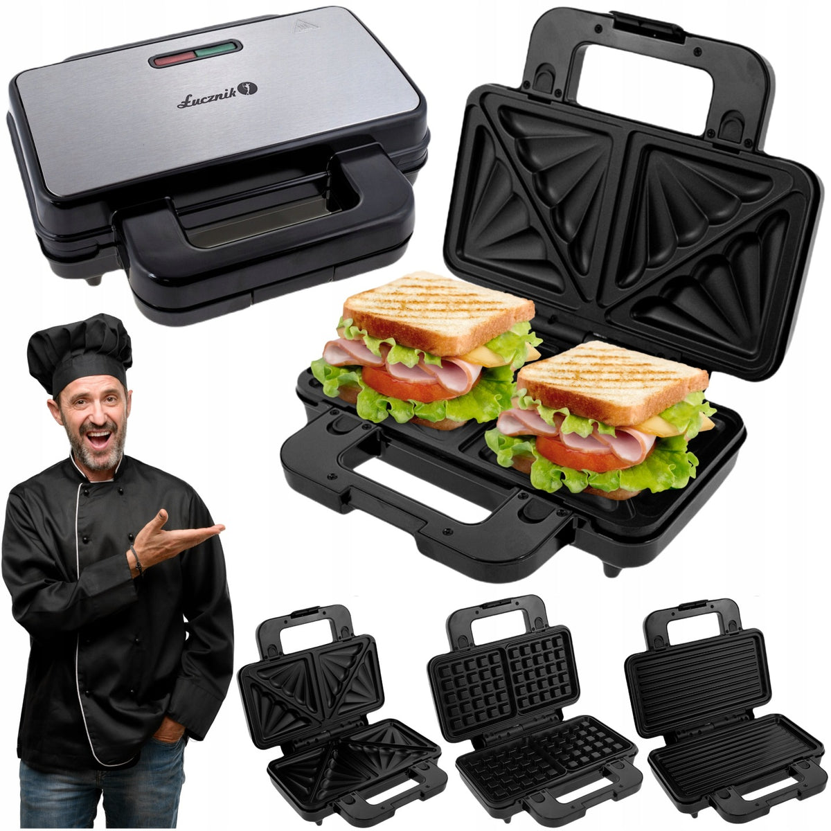 Opiekacz do kanapek tostów toster gofrownica grill sandwich 3W1 XL 1000W nominalna czarny