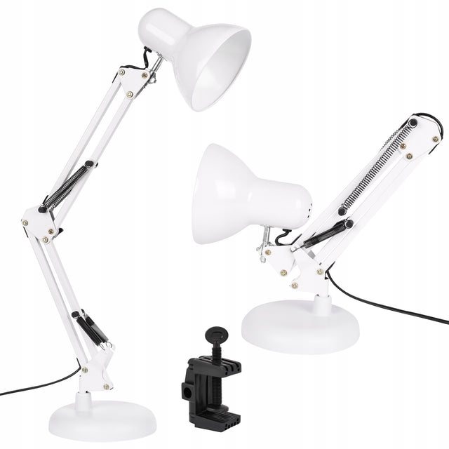 Lampka LED na E27 biurkowa Szkolna Nocna kreślarska regulowana biała uchwyt lampa stołowa do czytania, zasilanie sieciowe, klosz 12,5 cm, 60 w