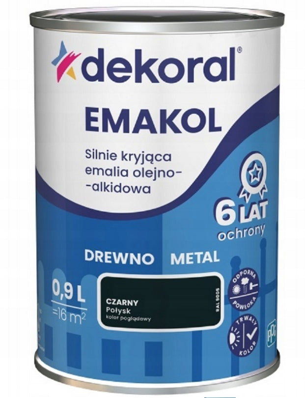 Dekoral Emakol Strong Czarny Połysk 0,9l Farba Emalia do Drewna i Metalu lakier alkidowy, renowacja mebli i stolarki