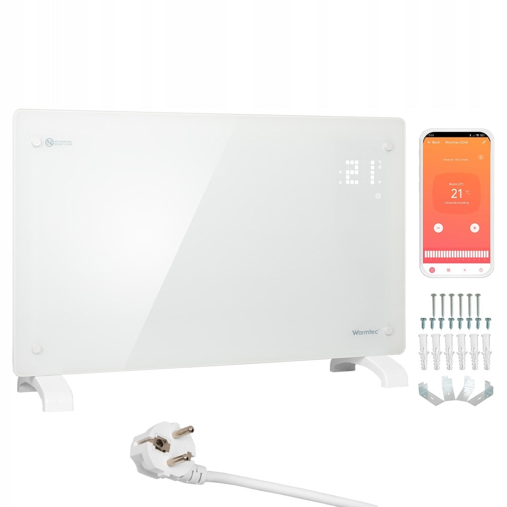Grzejnik elektryczny energooszczędny szklany ścienny 2 kW WiFi EGW-20B 780 mm 470 mm grzewcza biały