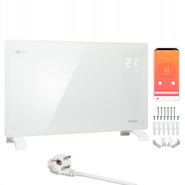 Grzejnik elektryczny energooszczędny szklany ścienny 2 kW WiFi EGW-20B 780 mm 470 mm grzewcza biały