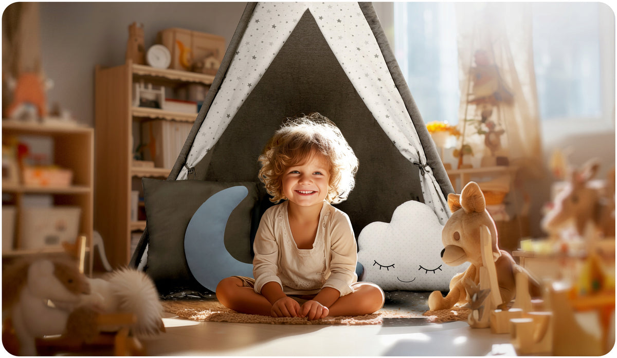 Tipi namiot dla dzieci teepee Girlanda Poduszki duża mata stabilizator wigwam, iglo, szary domek do zabawy, wiek 3+