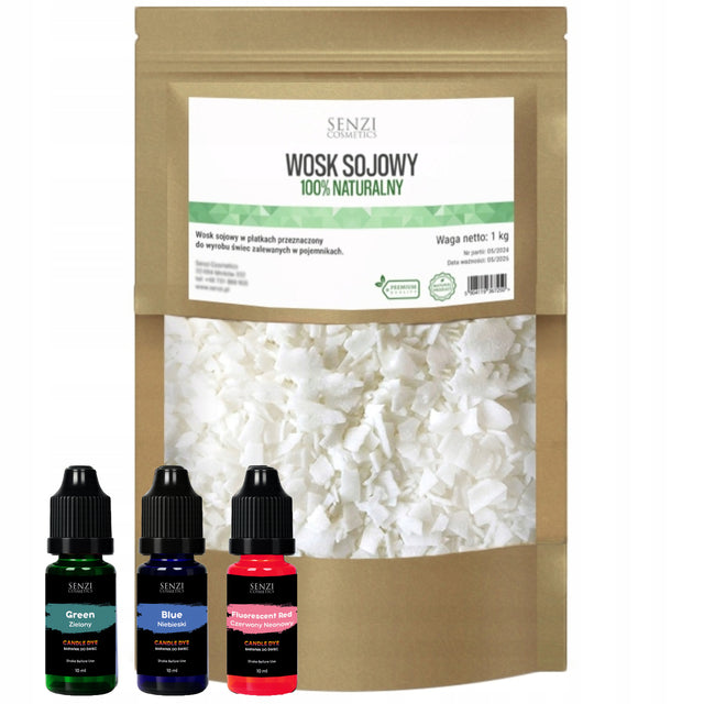 Wosk sojowy Do Świec Zalewanych Płatki Vegan 1kg + barwniki 3x10 ml granulat do produkcji świec DIY, wosk roślinny bezzapachowy, do rękodzieła i