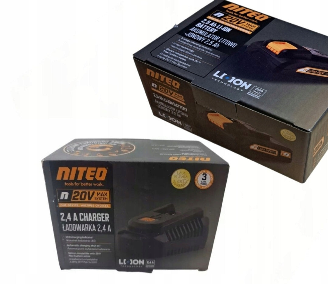 Zestaw Akumulator Li-Ion Niteo Tools 20 V 2,5 Ah + ŁADOWARKA NITEO 20V 2,4A bateria do elektronarzędzi, ogniwo litowe
