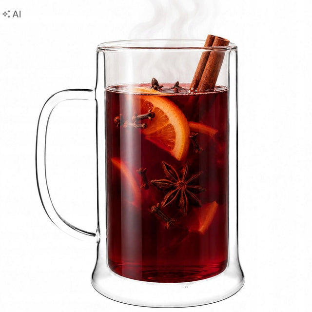 Kufel do piwa grzanego grzańca termiczny duży z uchem 500 ml Vialli Design szklany kubek, naczynie na gorące napoje, mycie w zmywarce