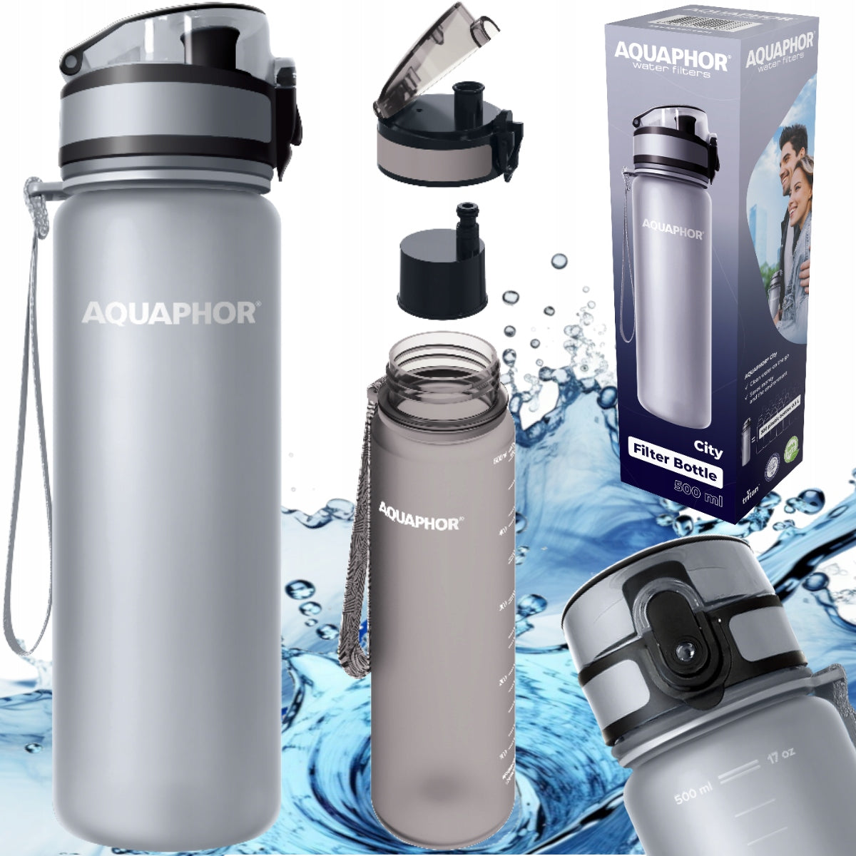 Bidon Butelka filtrująca filtr aquaphor szara 0,5l srebrny/szary